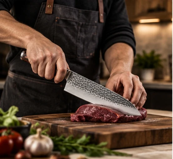 Chef using a kitchen knife to prepare ingredients on a wooden board